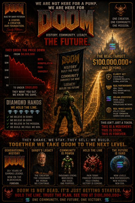 A bold promotional graphic for the DOOM cryptocurrency project, featuring a Doomguy silhouette with "WE ARE NOT HERE FOR A PUMP, WE ARE HERE FOR DOOM" at the top and highlighting a $100,000,000+ target, dropping price chart from $6M, and a $100,000,000 fundraising milestone—visually reinforcing the tweet's bullish claim that "$Doom has $100mil" and countering community calls for more communication from @SandyofCthulhu with messaging like "THEY SHAKE. WE STAY. THEY SELL. WE BUILD."