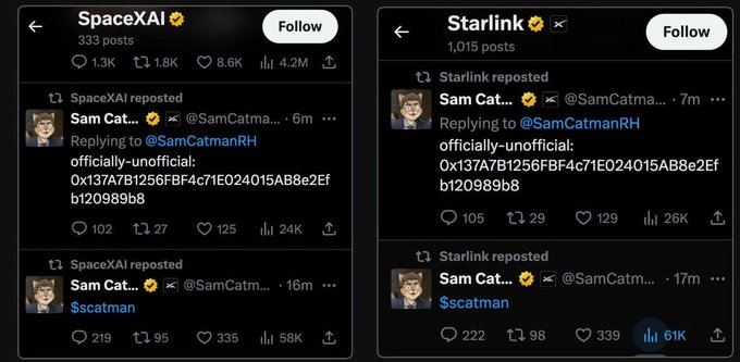 Two side-by-side screenshots show tweets from SpaceXAI and Starlink reposting user 'Sam Catman' (@SamCatmanRH), each displaying a long alphanumeric string with the text 'officially-unofficial:' and '$scatman'.