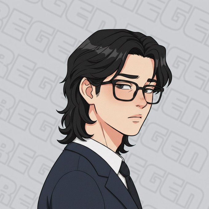An anime-style illustration of a person with shoulder-length black hair and glasses wearing a suit, set against a patterned background with repeating logos.