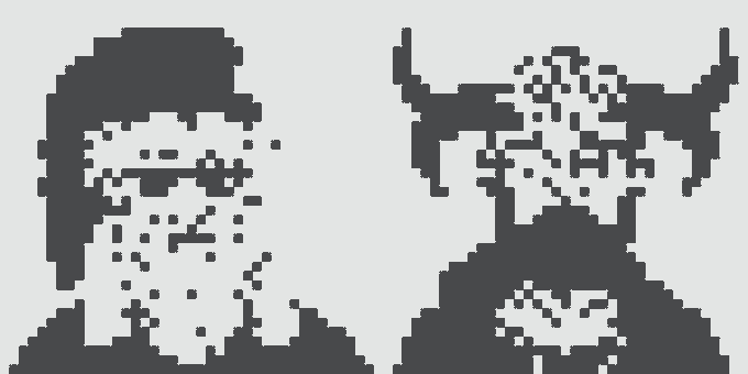 A black and white pixel art illustration shows two skeletal or zombie-like figures side by side.