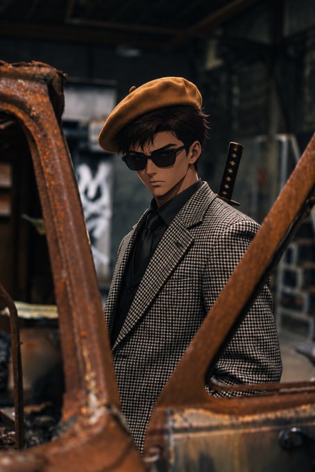 An anime-style character wearing a beret, sunglasses, and a checkered coat stands near a rusted vehicle, with a sword visible behind him.