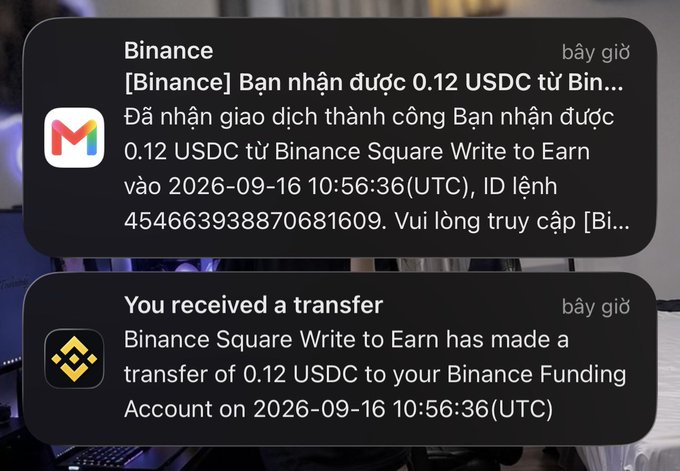 Two smartphone notifications from Binance in Vietnamese and English confirming receipt of a 0.12 USDC transfer from 'Binance Square Write to Earn' on 2026-09-16.