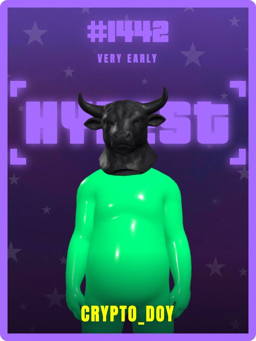 A digital trading card or NFT design features a black bull head on a glossy green humanoid body against a purple background, with text reading '#1442 VERY EARLY', 'BULL', and 'CRYPTO_DOY'.