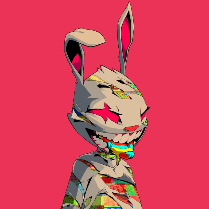A glitchy, distorted digital illustration of a cartoon rabbit with an unsettling wide toothy grin, pink 'X' eyes, and dripping colorful mouth against a bright pink background.
