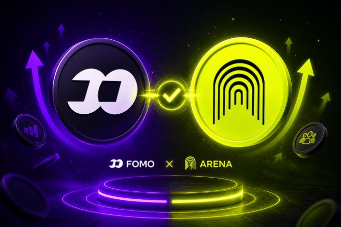 A glowing digital graphic shows two neon-lit coin emblems—one purple displaying the "D" Fomo logo and one yellow featuring the Arena fingerprint-style icon—joined by a checkmark, with "FOMO x ARENA" labeled below. The image visually represents the new integration partnership, symbolizing graduated tokens from TheArena gaining broader tradeability and visibility on the Fomo platform.
