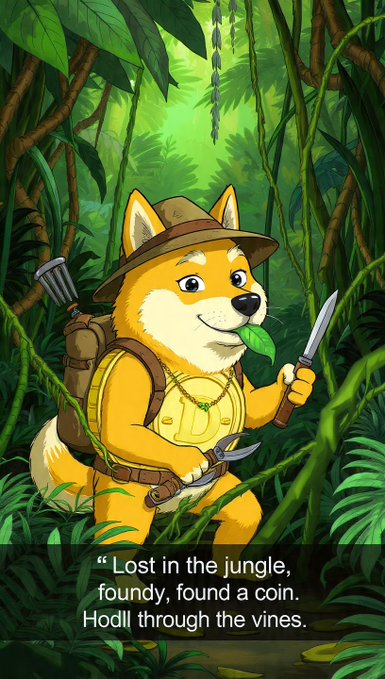 A cartoon Shiba Inu dog dressed as an explorer with a hat and backpack, holding a machete and a sickle in a jungle, with text reading 'Lost in the jungle, foundy, found a coin. Hodll through the vines.'