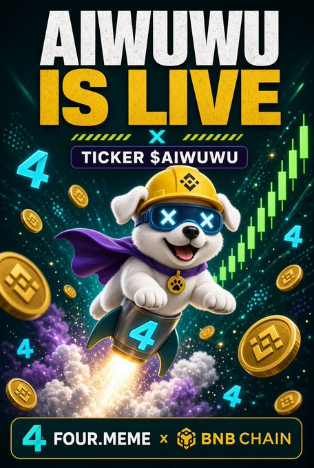 A colorful crypto meme poster featuring a rocket-riding dog in a hard hat and glowing glasses, with text including “AIWUUU IS LIVE,” “TICKER $AIWUUU,” and “4 FOUR.MEME × BNB CHAIN.”