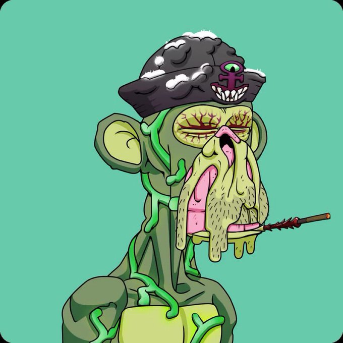A grotesque, zombie-like cartoon ape wears a weathered pirate hat adorned with a skull and crossbones, smoking a spiked cigar while dripping green slime, embodying the rebellious "Ape For Life" lifestyle with a dark, nautical twist.