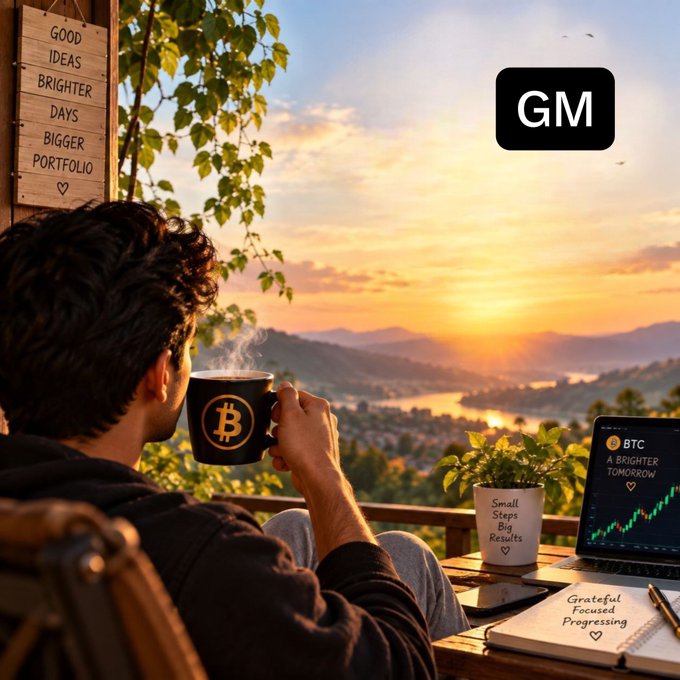 An AI-generated image shows a man drinking from a Bitcoin mug, with a laptop displaying 'BTC A BRIGHTER TOMORROW' and a 'GM' logo in the corner.