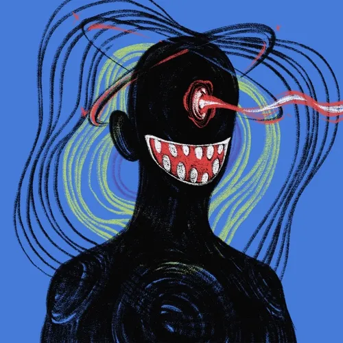 A surreal illustration of a black humanoid figure with a wide toothy grin and spiral patterns on its body, surrounded by wavy lines and a red tendril on a bright blue background.