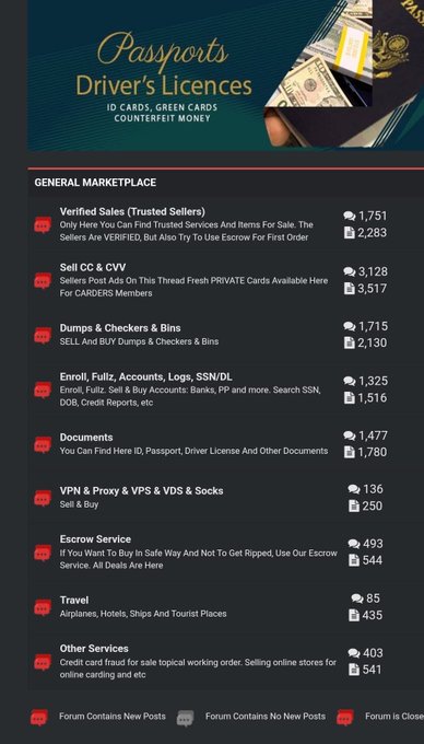A dark-themed darknet marketplace listing for counterfeit documents, including passports, driver's licenses, ID cards, and green cards, with categorized forums for trusted sales, stolen cards (CC & CVV), dumps, enrollments, and other illegal services, showing engagement numbers ranging from 85 to 3,517 replies. The image connects to the post's claim about a US-based private investigator probing CoinEx at a Warsaw Web3 event, highlighting the underground infrastructure (fake IDs, financial fraud tools) that could be tied to illicit crypto exchange activities.
