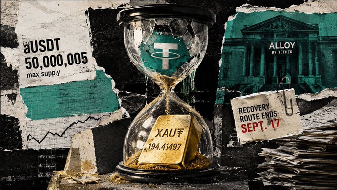 An artistic collage featuring an hourglass with gold labeled 'XAUTF 194.41497', alongside text 'aUSDT 50,000,005 max supply', 'ALLOY BY TETHER', and 'RECOVERY ROUTE ENDS SEPT. 17'.