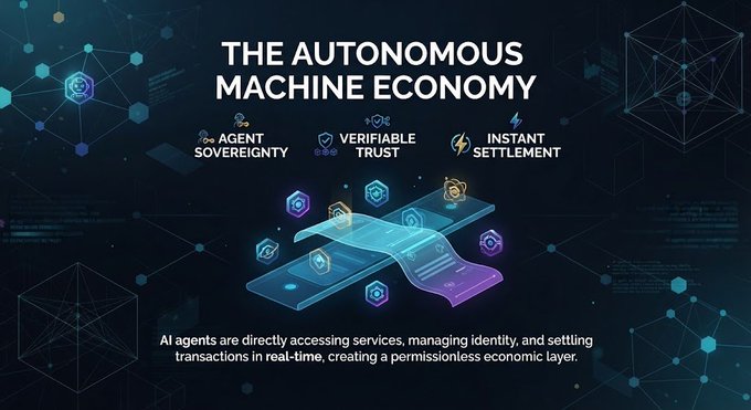 A futuristic infographic titled "THE AUTONOMOUS MACHINE ECONOMY" highlighting "AGENT SOVEREIGNTY", "VERIFIABLE TRUST", and "INSTANT SETTLEMENT" with isometric tech illustrations and text about AI agents creating a permissionless economic layer.