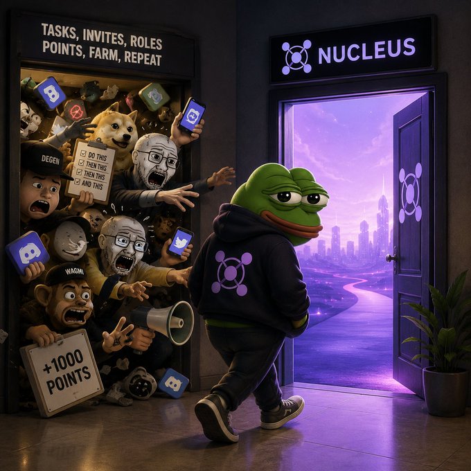 An illustration of a Pepe the Frog character wearing a black Nucleus-branded hoodie walking through a doorway, escaping a chaotic crowd of meme characters holding checklists and Discord icons, captioned 'TASKS, INVITES, ROLES POINTS, FARM, REPEAT'.
