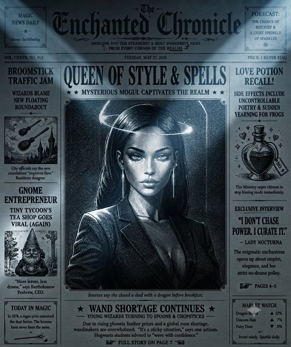 Fantasy-themed newspaper called 'The Enchanted Chronicle' dated Tuesday, May 27, 2025, featuring headlines like 'QUEEN OF STYLE & SPELLS', 'WAND SHORTAGE CONTINUES', and 'GNOME ENTREPRENEUR', with a portrait of a woman with a glowing halo.