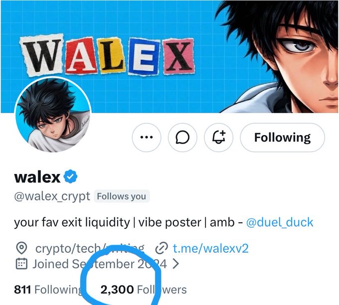 A Twitter/X profile for "walex" (@walex_crypt) with anime-style banner art, describing themselves as "your fav exit liquidity | vibe poster | amb - @duel_duck" with 2,300 followers.