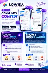 An advertisement for the LOWISA app's "COMMUNITY CONTEST," offering rewards including a "100K Cash Prize" for "SHOOT THE CHALLENGE" and "CREATE & SHARE A CHALLENGE."