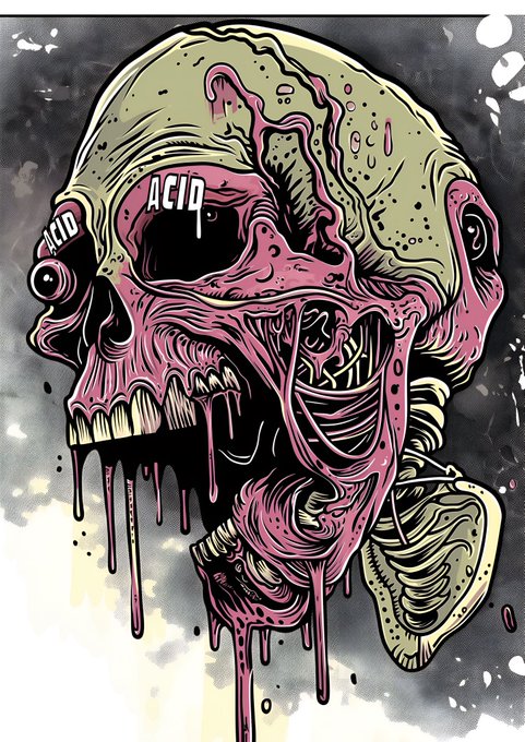 A grotesque, melting skull illustration in pink, green, and black with the word 'ACID' repeated across the eye sockets and dripping fluids.