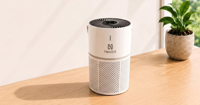 A white Heatbit air purifier displaying "60" on its digital screen sits on a wooden surface beside a potted plant, showcasing the sleek Bitair device that combines HEPA filtration with Bitcoin mining capabilities.