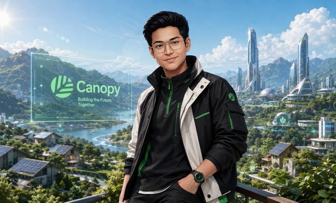 A promotional image for 'Canopy' featuring a young man with glasses in a black and white jacket standing before a futuristic cityscape with the tagline 'Building the Future. Together.'