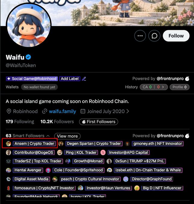 This image shows the X (formerly Twitter) profile page for the verified "Waifu" account (@WaifuToken), featuring a social island game launching on Robinhood Chain, with the account having 10.2K followers and being followed by notable crypto figures including "Ansem | Crypto Trader" (highlighted with a red box), Degen Spartan, gmoney.eth, Ping, Investor@APG Capital, TraderSZ, and others, supporting the accompanying post about Waifu Token's hyped launch on Robinhood Chain with contract address "0x948647a06a6422dceea3711297f82aef68ec641c."
