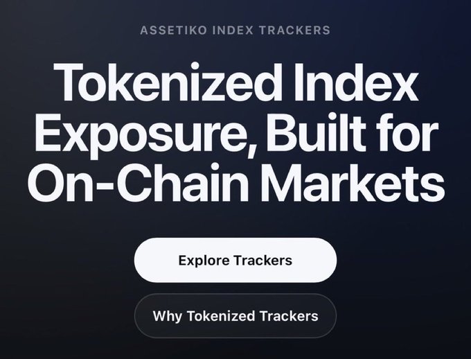The image is a promotional banner for **Assetiko Index Trackers**, featuring the headline "Tokenized Index Exposure, Built for On-Chain Markets" with call-to-action buttons reading "Explore Trackers" and "Why Tokenized Trackers." It visually supports the post's claim that institutional tokenization on the XRP Ledger is expanding, as Assetiko's launch of tokenized indices aligns with the growing trend of on-chain RWA adoption highlighted by the IMF and surpassing $4B in tokenized assets.