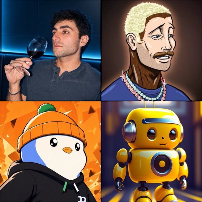 A four-panel collage featuring a man holding a glass of red wine, an animated character with blonde hair, a penguin mascot in a beanie, and a yellow robot character.