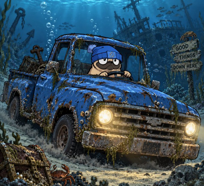 A cartoon illustration of a pug wearing a blue beanie driving a rusty old blue pickup truck underwater, with a sunken ship in the background and a sign reading 'GOOD THINGS DOWN HERE.'