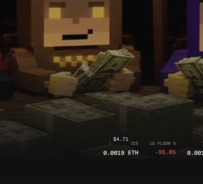 A Minecraft-style scene showing a blocky character surrounded by stacks of cash bundles, with crypto trading data displayed showing '$4.71' and '-95.8%' in red.
