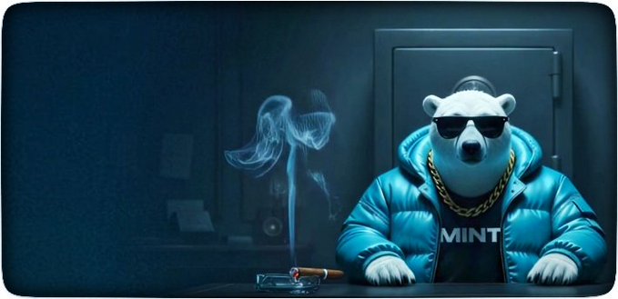 A digital illustration of a polar bear wearing sunglasses, a gold chain, and a blue puffer jacket with 'MINT' on the shirt, smoking at a desk with smoke rising from a cigarette.