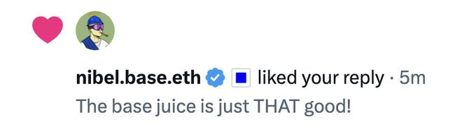 A notification from Nibel (nibel.base.eth) liking a reply, with the message "The base juice is just THAT good!" — referencing the $BASEJUICE token and its engagement with notable figures like Coinbase executives and Nibel, the Base APAC representative mentioned in the post.