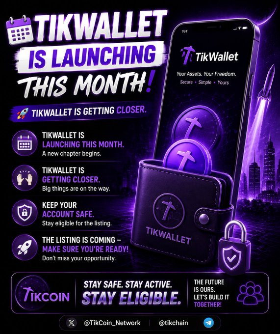 A vibrant purple promotional graphic for TikWallet announcing its upcoming launch this month, featuring a smartphone displaying the TikWallet app alongside a branded wallet with coins and a padlock symbol. The image highlights key messages including "TikWallet Is Launching This Month," "Keep Your Account Safe," and "Stay Eligible," with social media handles @TikCoin_Network and @tikchain shown at the bottom, reinforcing the post's call for $TikCoin community members to prepare for the wallet's release.