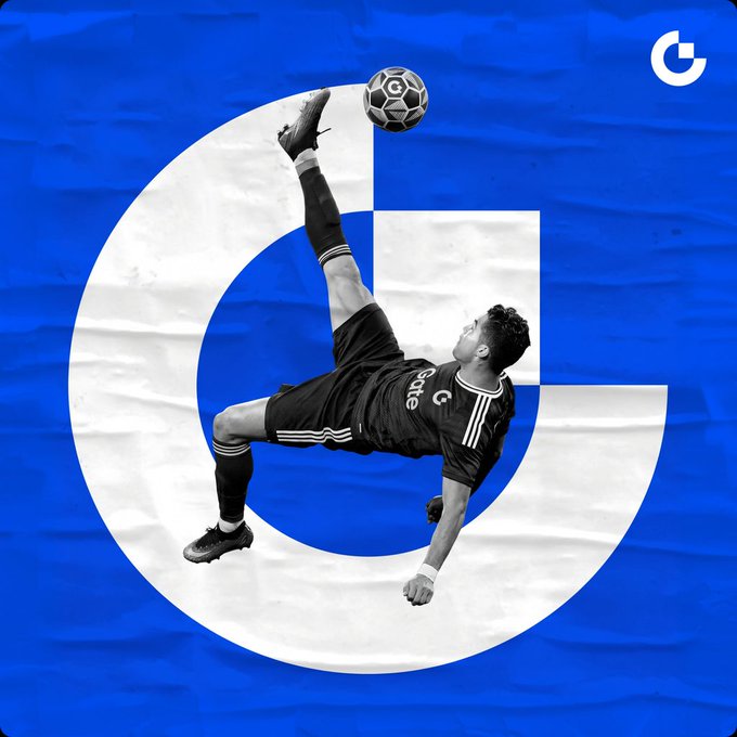 A promotional graphic featuring a soccer player executing an overhead kick in front of a large white 'G' logo on a blue background, with a smaller 'G' in the corner.