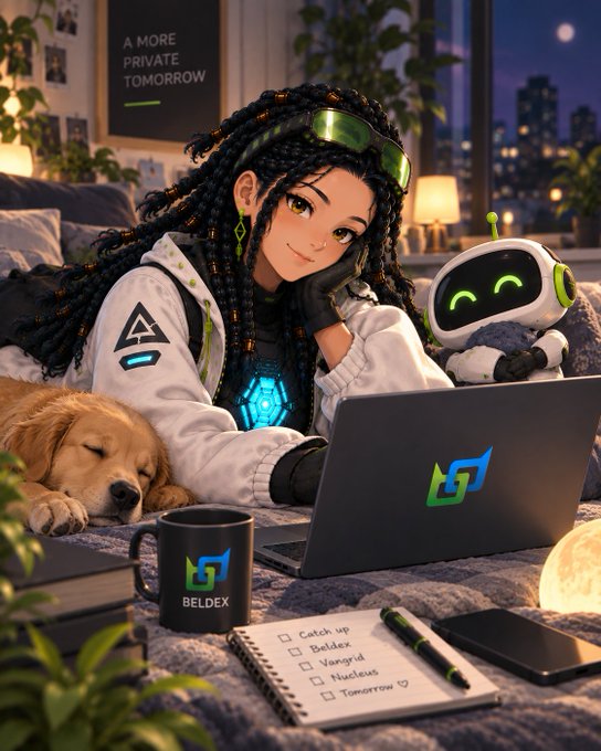 An anime-style illustration of a woman with dreadlocks and green goggles using a Beldex-branded laptop next to a golden retriever, a robot companion, and a to-do list including 'Beldex'.