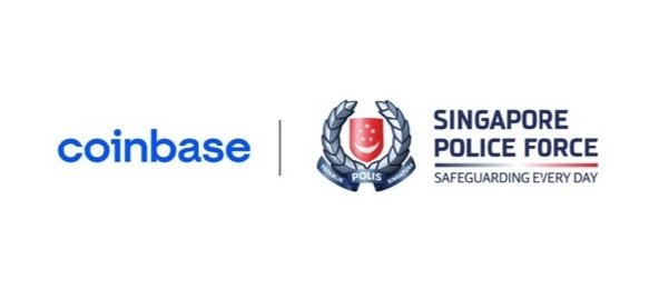 The image shows the Coinbase logo alongside the Singapore Police Force emblem with its "Safeguarding Every Day" tagline, visually representing the partnership described in the post between Coinbase and Singapore authorities in combating crypto scams. The logos together illustrate the collaboration that led to protecting 145+ potential scam victims and preventing over $4.2 million in losses through blockchain analysis.