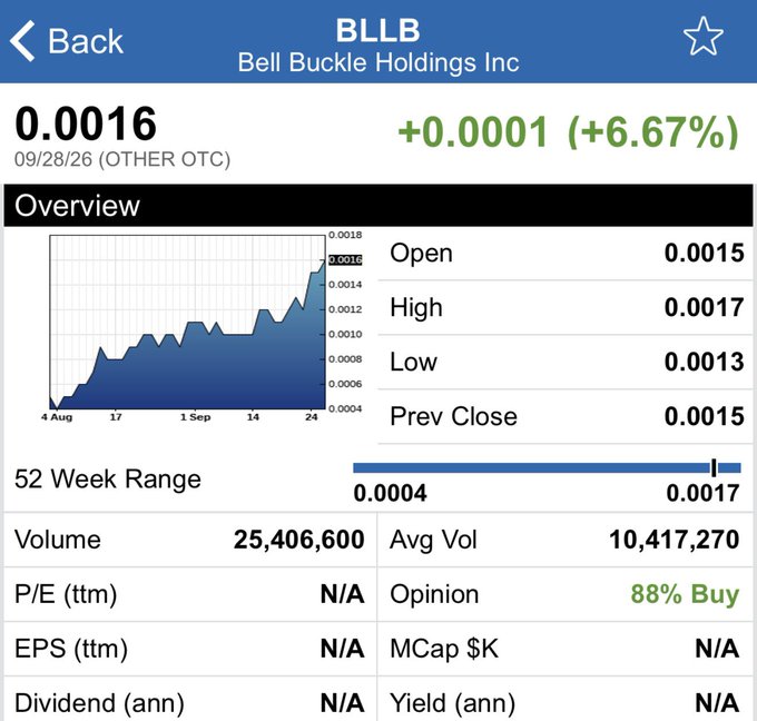 A stock chart for BLLB (Bell Buckle Holdings Inc) showing a current price of 0.0016 with a 6.67% increase, displaying historical price data and trading volume.