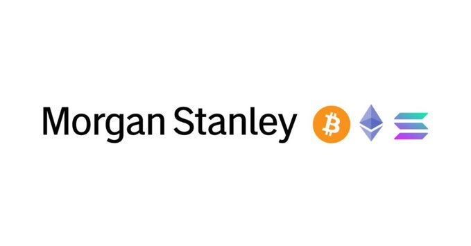 Morgan Stanley logo displayed with Bitcoin, Ethereum, and Solana cryptocurrency icons.