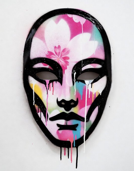 "AGENT MASKS MINT DETAILS Mint Date: June 12th, 2016 Total Supply: 6,947 Mint Price: 0.082ETH Chain: Ripple Minting exclusively on @opensea We're minting 69 Masks straight to the vault. There will be only one allowlist". The image features a vibrant and colorful mask with black accents and floral design elements in shades of pink, green, blue, and yellow, giving it an artistic appearance. It appears that the artist has incorporated elements from the cryptocurrency world into their work.