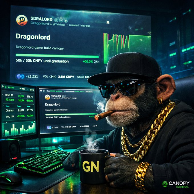 A digital illustration of a chimpanzee wearing a gold chain and sunglasses, smoking a cigar in front of multiple monitors displaying 'SDRALORD' token charts on the Canopy Terminal.