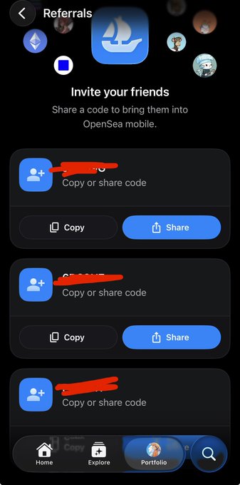 The image shows an openSea mobile app with three different options displayed, each accompanied by a red "X" symbol. The first option is to invite friends, followed by the second option of sharing a code or copy, and the third option for sharing a code or share a code. The post mentions that the user has some codes to give out only to NFT lovers, which could be related to the app's features or functionality.