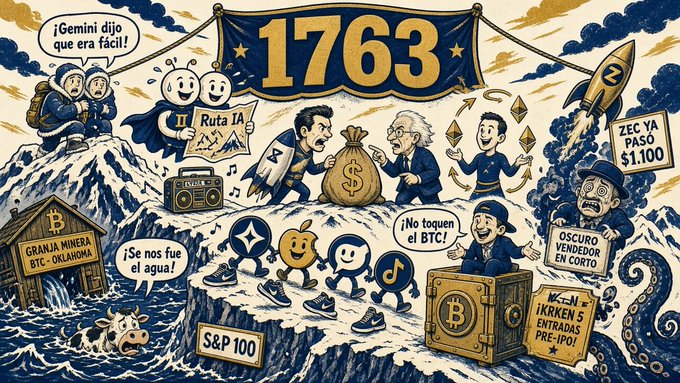 A detailed blue-and-cream illustration referencing the 1763 historical event, featuring characters debating over a money bag labeled '$', a sign reading '1763', text bubbles in Spanish including '¡Gemini dijo que era fácil!', 'Ruta IA', '¿Se nos fue el agua?', '¡No toquen el BTC!', 'ZEC YA PASO $1.100', 'OSCURO VENDEDOR EN CORTO', 'GRANJA MINERA BTC - OKLAHOMA', 'S&P 100', and '¡KRKEN 5 ENTRADAS PRE-IPO!', along with crypto logos, a Bitcoin safe, and an ocean with a kraken.