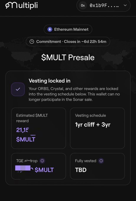A screenshot of the Multipli platform showing a '$MULT Presale' on the Ethereum Mainnet, with 'Vesting locked in' and a '1yr cliff + 3yr' vesting schedule, displaying an estimated reward of '21,1[redacted] $MULT.'