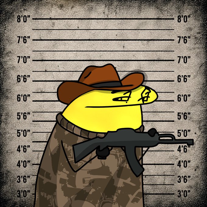 Meme image showing an NYPD-style height chart background with a cartoon frog in a cowboy hat and camo jacket holding a rifle, depicted in a police lineup mugshot style.