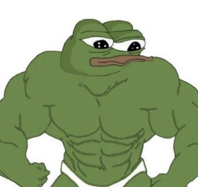 A cartoon image of a muscular green frog character with prominent pecs, a frowning expression, and small black eyes, known as the "Sad Pepe" or "Buff Pepe" meme.