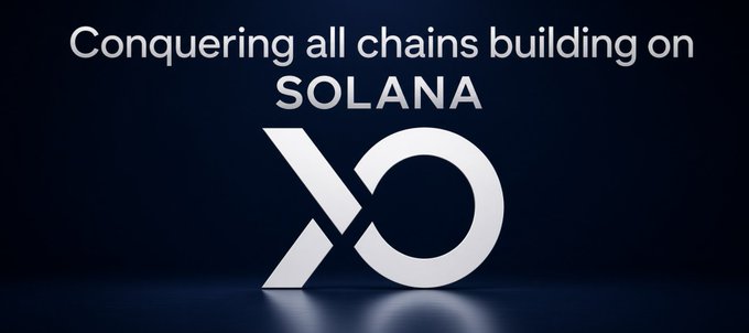 A dark banner displays the text 'Conquering all chains building on SOLANA' above the XO logo.