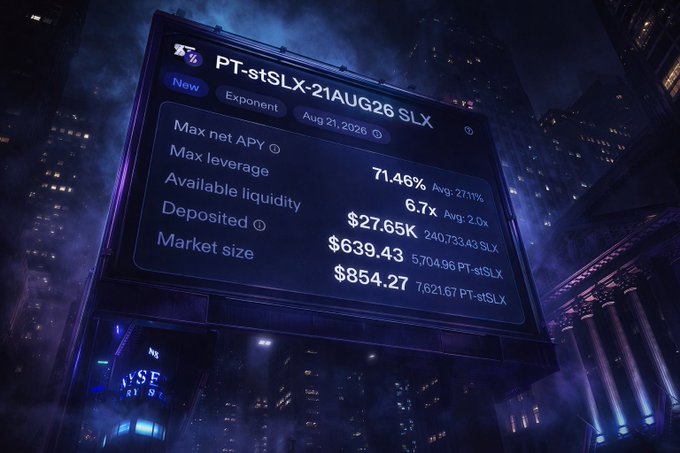 A digital billboard in a neon-lit cyberpunk cityscape displaying cryptocurrency market data for 'PT-stSLX-21AUG26 SLX' with 71.46% Max net APY.