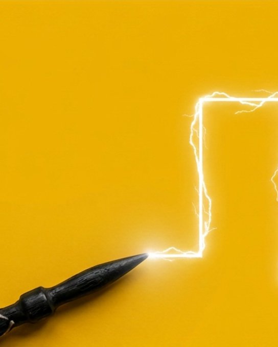 A wand with a pointed tip emits bright yellow lightning that forms a rectangular outline against a golden background.