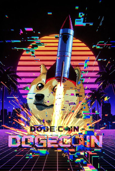 The image features a poster with a dog character that appears to be launching a rocket into space, accompanied by a text overlay that reads "DogecInDOGEGUN" and "Elon knows it... And deep down, the universe knows the most entertaining outcome is Dogecoin flipping the script again!". The background of the image shows an urban cityscape with buildings and palm trees.