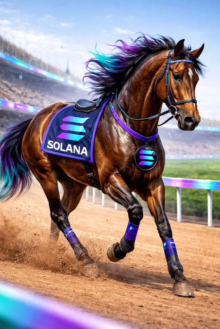 A powerful bay racehorse with a vibrant purple and teal mane gallops on a dirt track, adorned with Solana-branded gear including a saddle cloth and medallion displaying the iconic logo. The dynamic, speed-themed image perfectly complements the "always bet on the fastest horse" caption, positioning Solana as the winning pick in the race.
