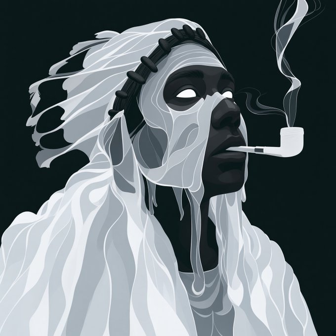A grayscale digital illustration of a person with dark skin smoking a pipe, wearing a textured head covering and flowing garments, with smoke drifting upwards.